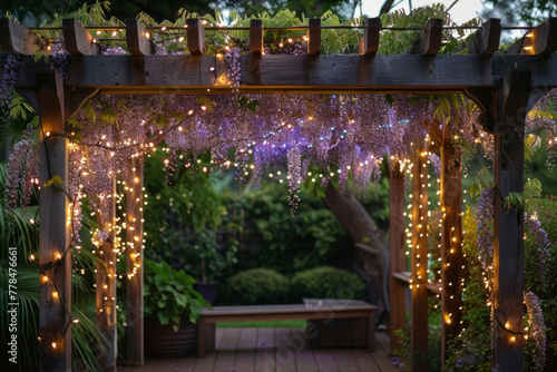 Wisteria flowers hanging from pergola adorned with twinkling fairy lights. Generative AI