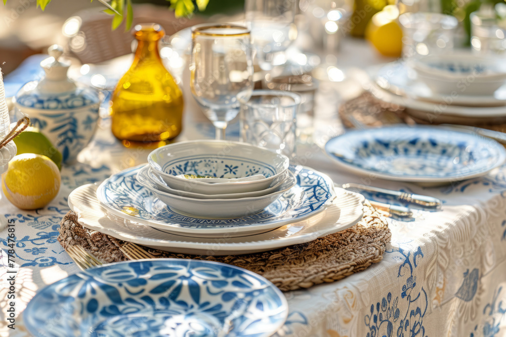Mediterranean inspired outdoor summer table setting. Generative AI