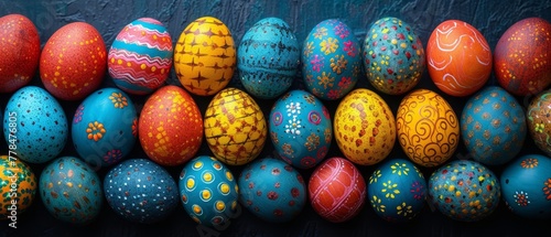a pile of colorful painted eggs sitting on top of a wooden table next to another pile of colorful painted eggs sitting on top of a wooden table.