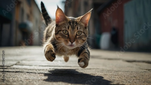 A cat leaping towards the camera
