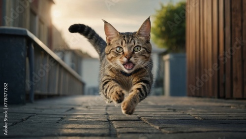 A cat leaping towards the camera