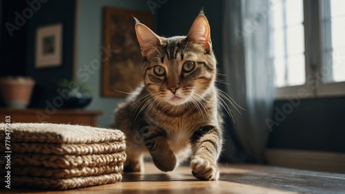 A cat leaping towards the camera