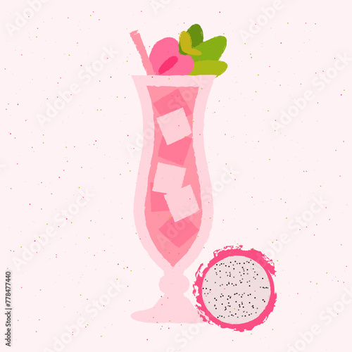 Pink cocktail with dragon fruit, strawberries. Pina colada in hurricane glass. Milkshake. Fruit smoothie. Alcohol drink for bar. Non-alcoholic beverage. Flat vector illustration with texture