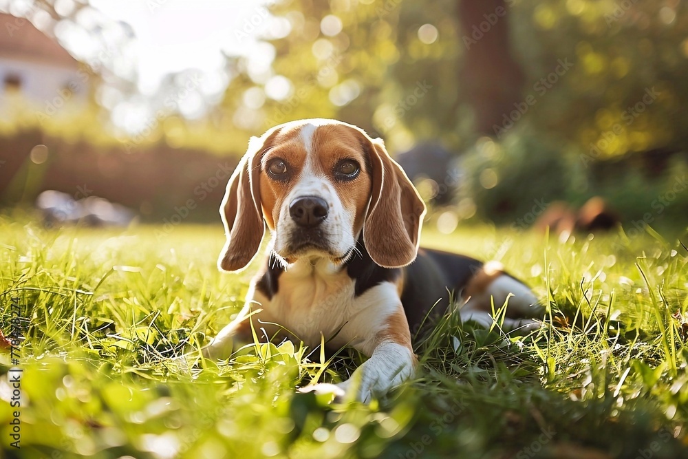 Portrait of a cute beagle puppy lying on the grass.