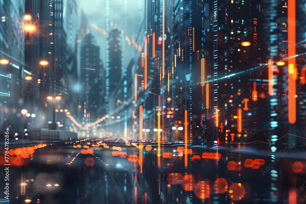 Fototapeta premium Blurred city lights reflecting on wet streets with digital grid overlay