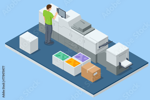 Isometric digital laser printer, Large format printing machine in operation. Printing house polygraphy industry