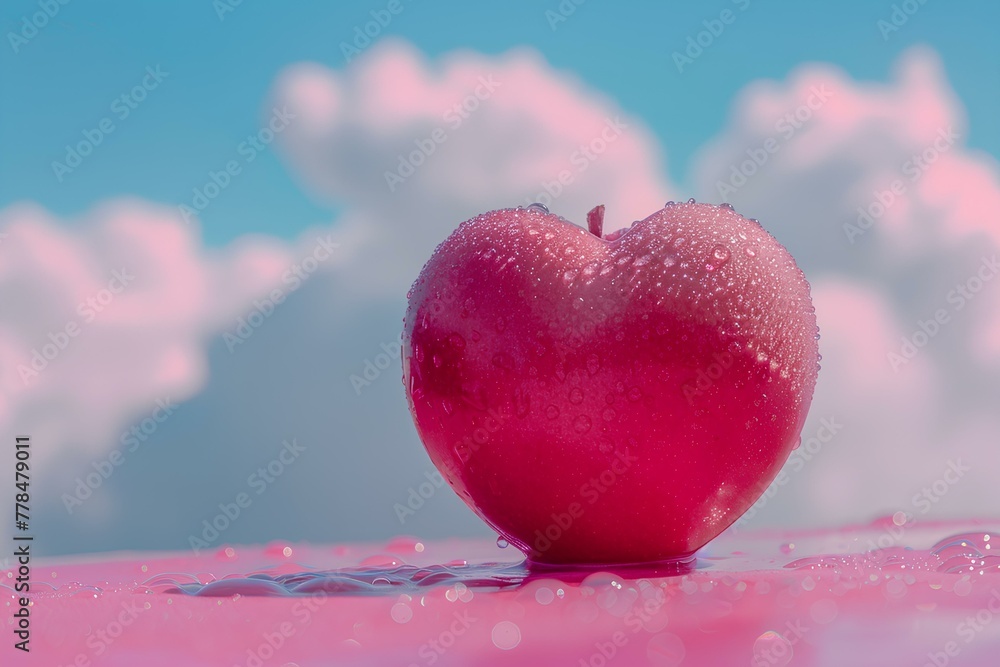 A red apple sitting on top of a pink surface A red apple sitting on top of a pink surface