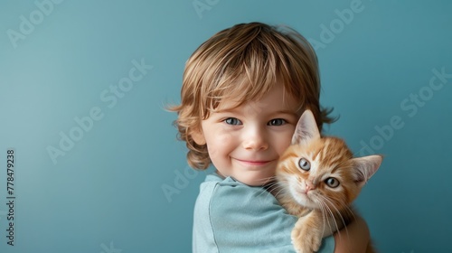 Little boy hugging your lcat on pastel blue background photo