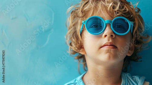 Little boy with blue-rimmed sunglasses on pastel blue background