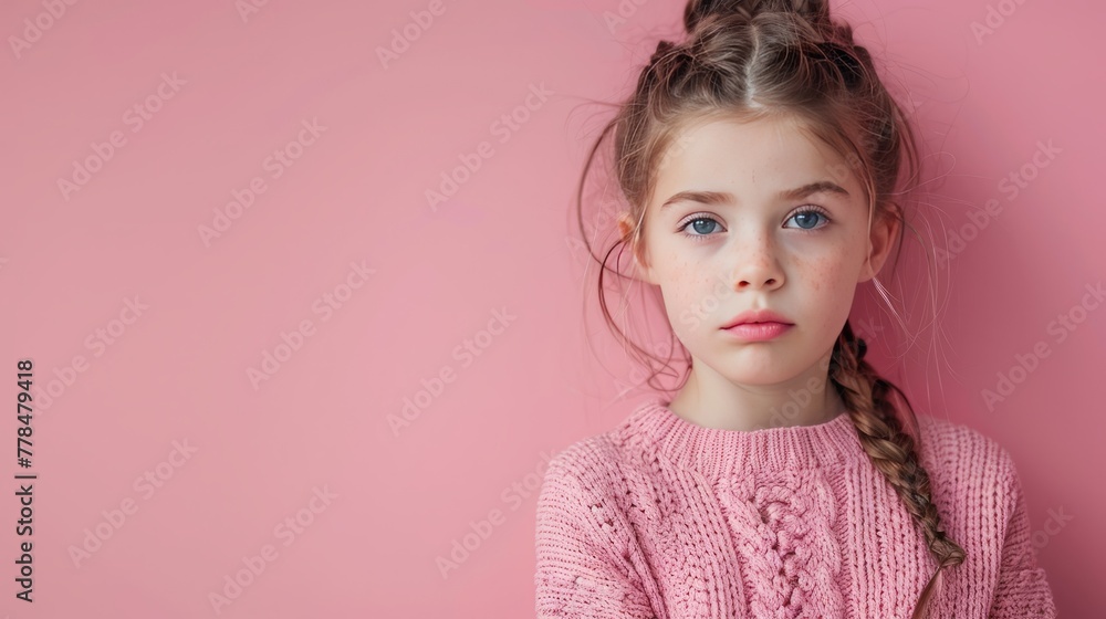 Portrait of little girl sad on pastel pink background Portrait of little girl sad on pastel pink background