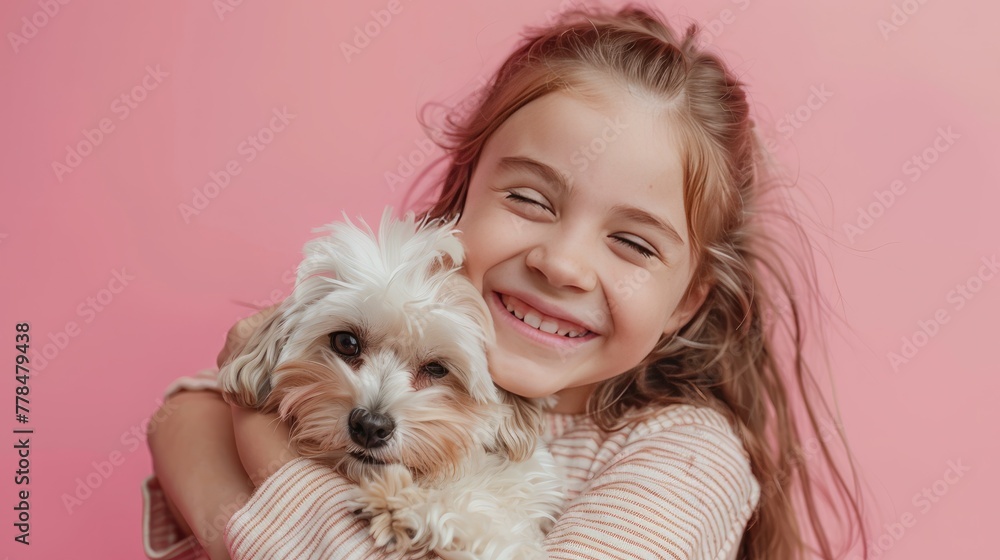 Little girl hugging your little dog on pastel pink background Little girl hugging your little dog on pastel pink background