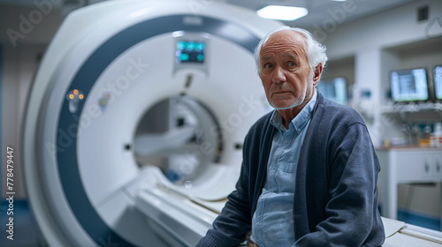 Senior elderly patient, man worried about his health is having a MRI or CT scan, healthcare