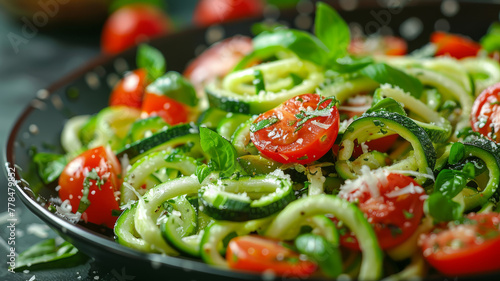 Zucchini noodles and tomatoes on a pan.