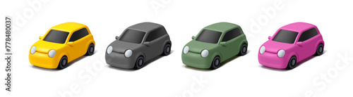 3D set of colorful modern cars, isometric. For the design of concepts of transport services, food delivery, purchase and maintenance of cars, lifestyle. Vector