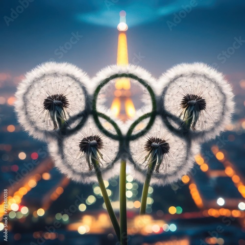 3d illustration central 5 flowers of a dandelion plant in the background of a beautifully lit city at night © Ivana