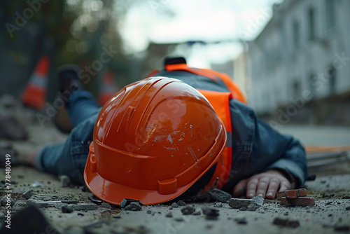 Construction worker lying on ground with orange helmet foreground