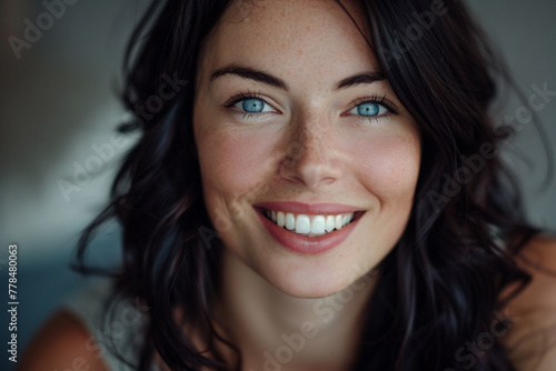 Portrait of pretty woman dark hair, blue eyes. Natural smile. smiling beautiful