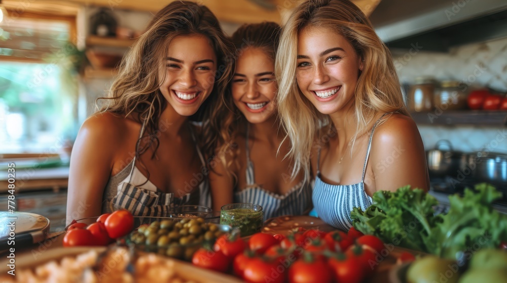 a group of young women standing next to each other in front of a table full of tomatoes and lettuce.