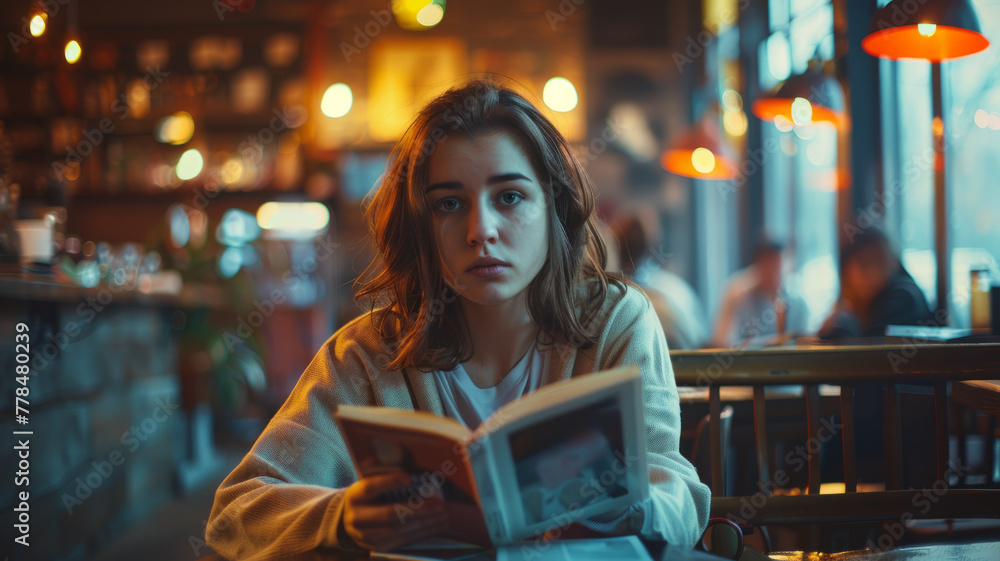 Young woman reading a book in a café Young woman reading a book in a café