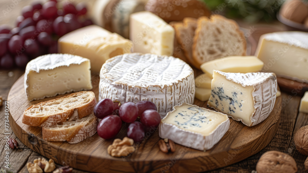 A variety of cheeses on a platter with grapes and nuts. A variety of cheeses on a platter with grapes and nuts.