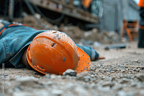 Fallen construction worker on the ground with a hard hat nearby