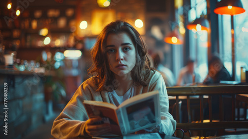 Young woman reading a book in a café