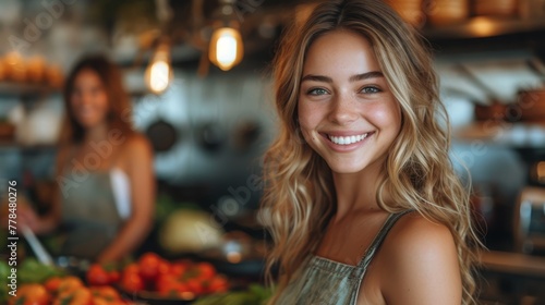 a woman standing in front of a counter filled with fruits and vegetables and smiling at the camera with another woman in the background.