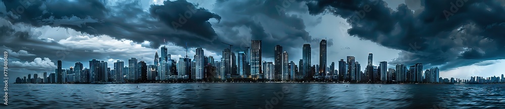 panoramic photo of an ominous city skyline, dark storm clouds overhead, skyscrapers towering over the urban landscape. AI generated illustration panoramic photo of an ominous city skyline, dark storm clouds overhead, skyscrapers towering over the urban landscape. AI generated illustration
