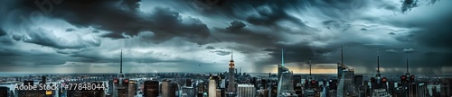 panoramic photo of an ominous city skyline, dark storm clouds overhead, skyscrapers towering over the urban landscape. AI generated illustration