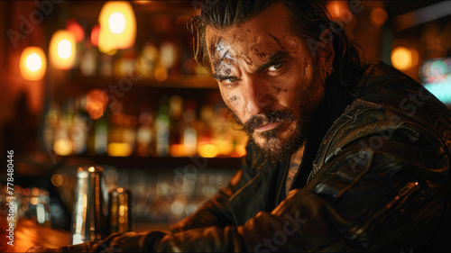 Man with scar sitting at a bar