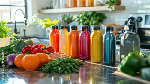 Colorful bottles and fresh produce in a kitchen