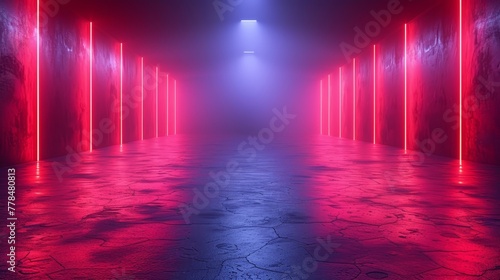 a long hallway with red neon lights on either side of it and a long hallway with red neon lights on either side of it.