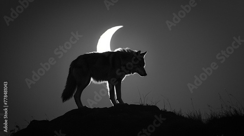 A lone wolf silhouetted by a crescent moon