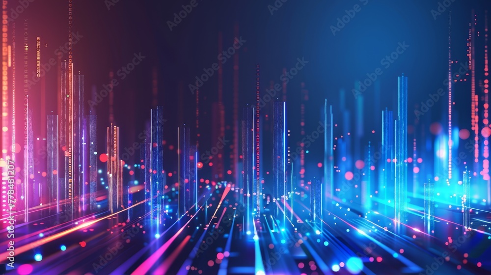 Dynamic glowing lines converging towards the horizon on a dark atmospheric backdrop Dynamic glowing lines converging towards the horizon on a dark atmospheric backdrop