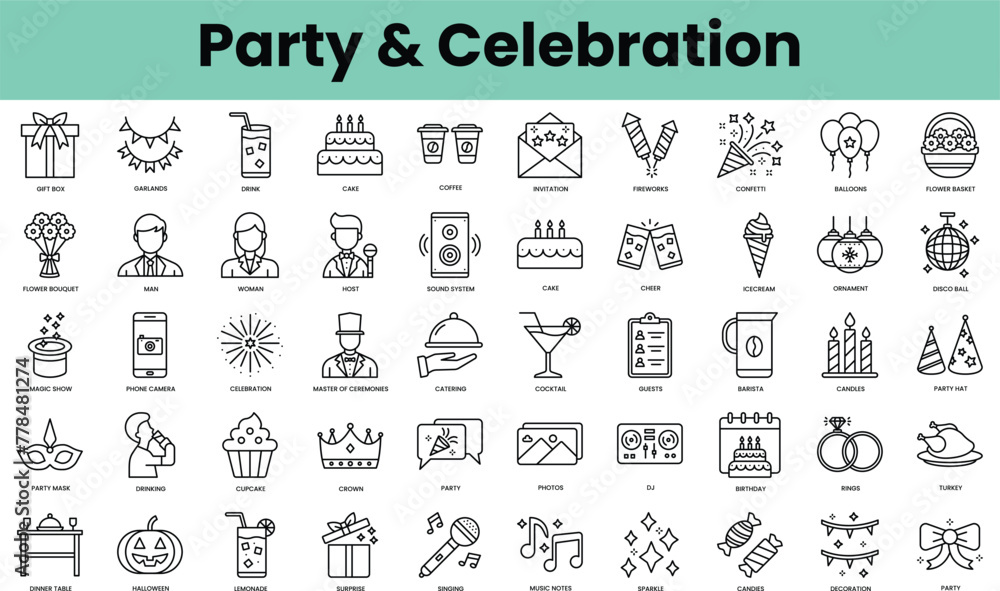 Set of party and celebration icons. Linear style icon bundle. Vector Illustration
