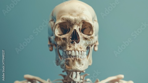 Close-up of human skull on a blue background