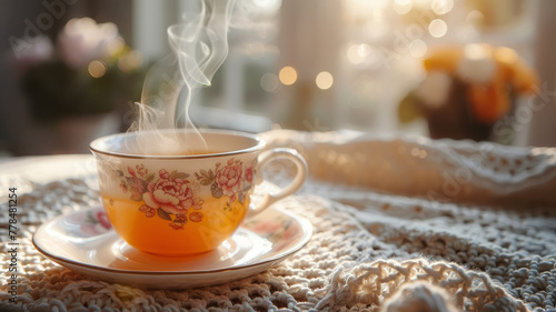 A steaming tea cup in morning light