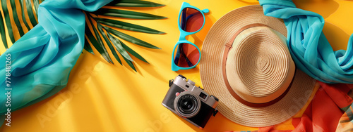 Un layout piatto vivace e colorato di elementi essenziali dell'estate, tra cui un cappello a tesa larga, occhiali da sole, una sciarpa colorata e una fotocamera digitale, sfondo estivo e copy space photo
