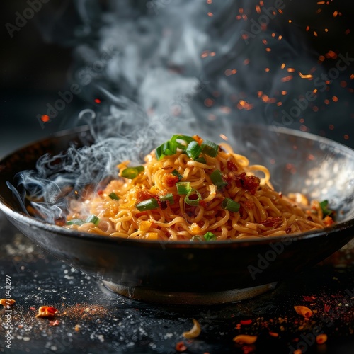 Steaming bowl of noodles with green onions on top