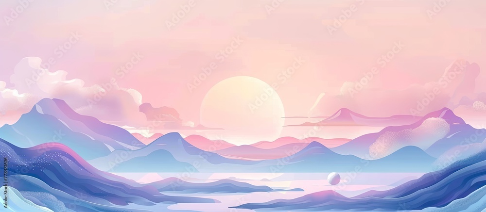 Sunset casting a warm glow over serene mountain lake, boat peacefully drifting on the water