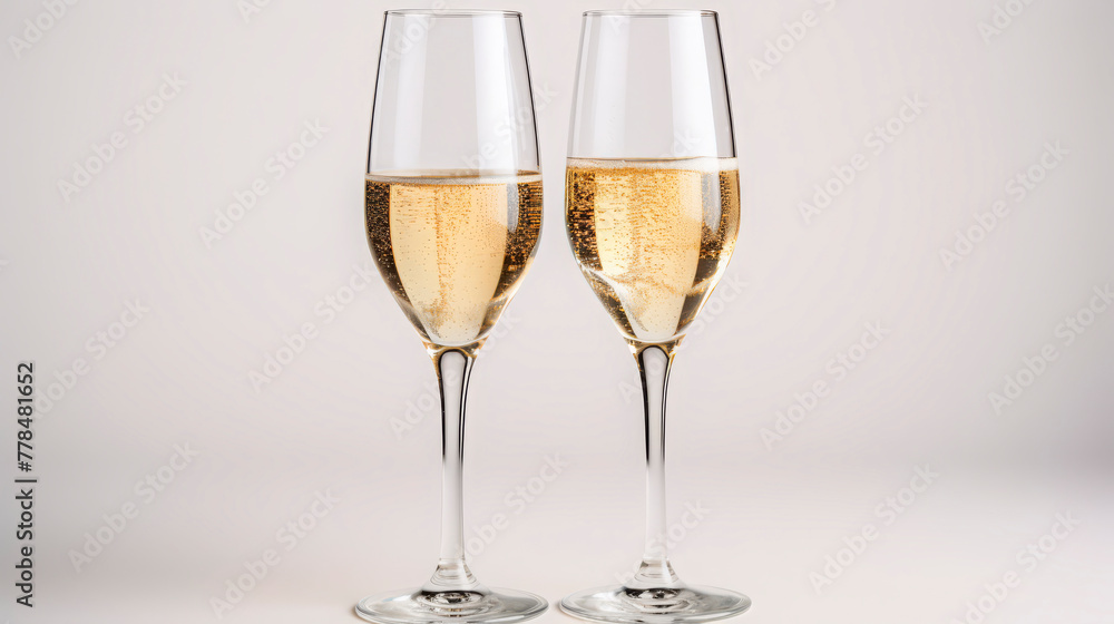 Two glasses of sparkling champagne on a neutral background, perfect for celebrations and festive occasions, suitable for event planning and hospitality businesses. two glasses of champagne