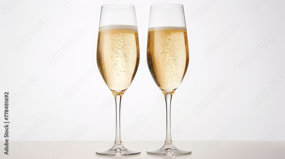 Two glasses of bubbly champagne on a clean background, ideal for special occasions and luxury dining experiences.