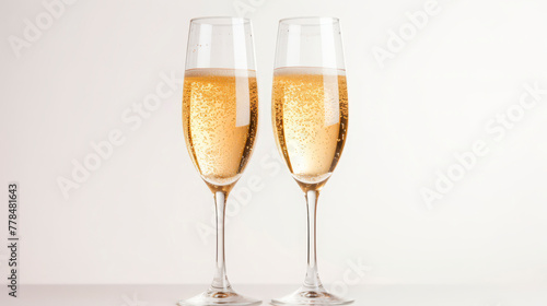 Two glasses of bubbly champagne on a clean background, ideal for special occasions and luxury dining experiences. two glasses of champagne
