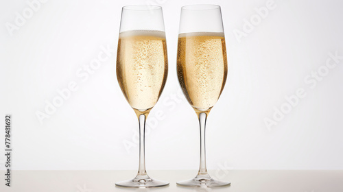 Two glasses of bubbly champagne on a clean background, ideal for special occasions and luxury dining experiences.