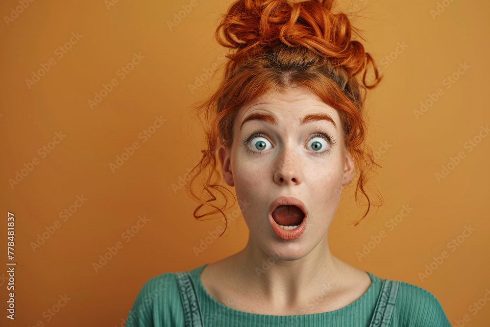 Redhead woman with open mouth in green top orange backdrop Redhead woman with open mouth in green top orange backdrop