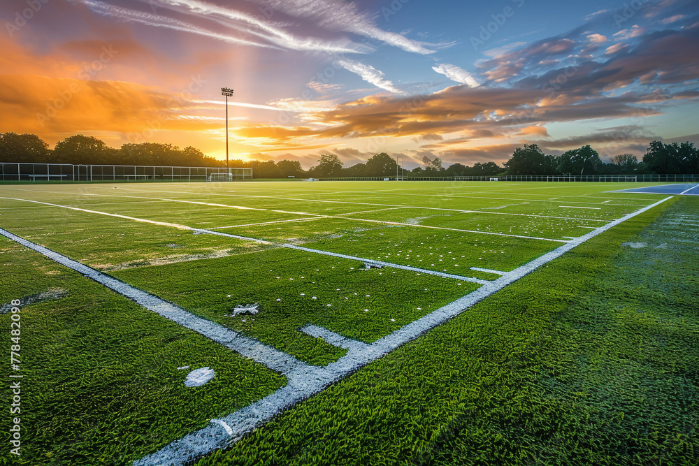 An early morning shot of a school sports field, with freshly painted white lines and dew still visible on the green grass under a sunrise sky.