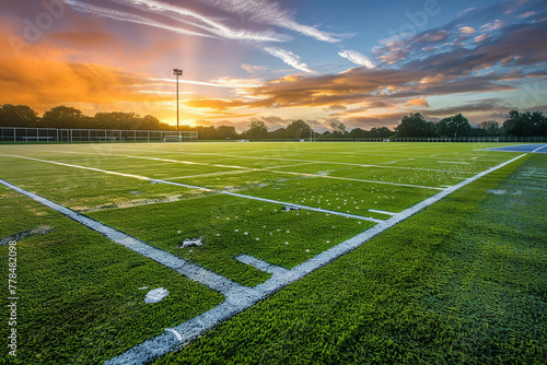An early morning shot of a school sports field, with freshly painted white lines and dew still visible on the green grass under a sunrise sky. photo