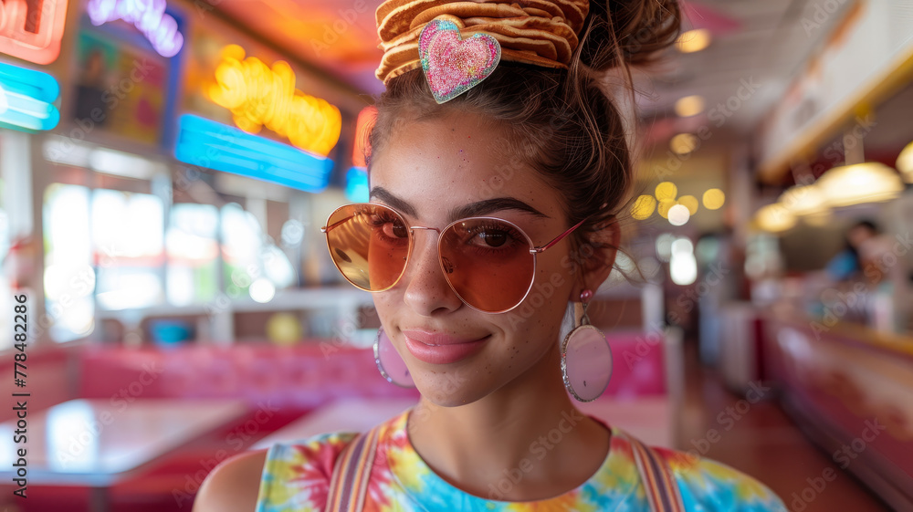 Young woman in diner with sunglasses.