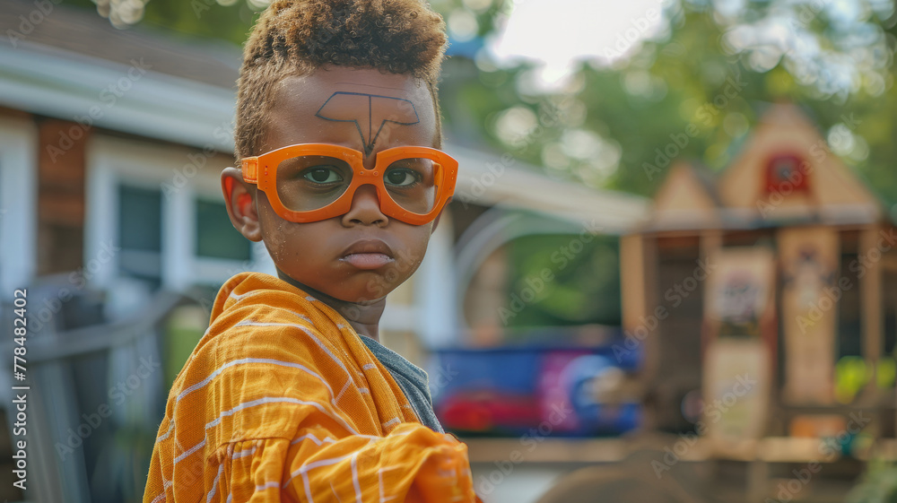 Young boy dressed as a superhero in backyard.