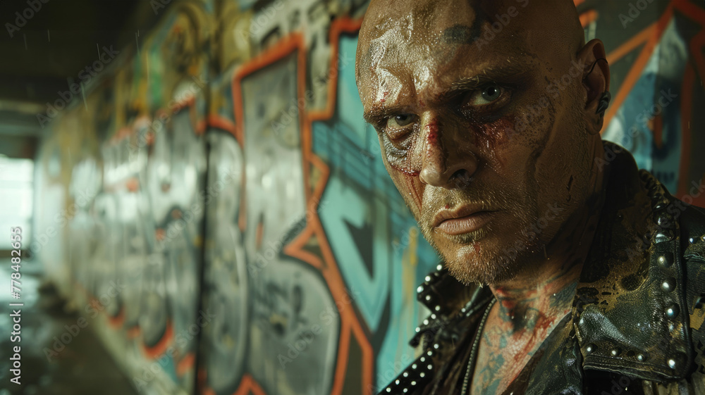 Man with face paint in a graffiti-covered area Man with face paint in a graffiti-covered area